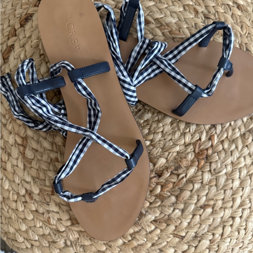 New J. Crew Blue and Tan Sandals with Gingham Straps